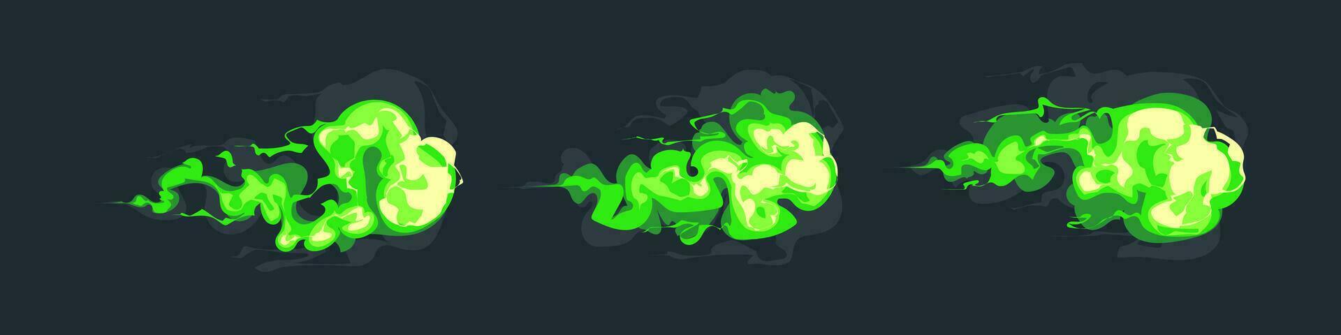 Elemental green magician spells energy plasma beams, Blaster shot game effects, weapons fire blast attack effect, plasma rays, magic fireball, smoke fume illustration vector