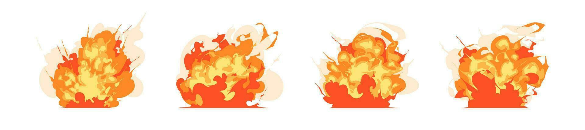 set of burning fire splashes comic game effect, explosion, smoke, blaze, and flame illustration vector