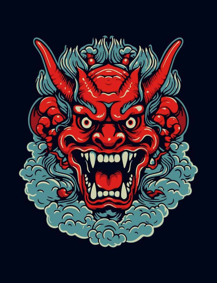 t camisa diseño demonio cara japonés oni máscara vector Arte ilustración