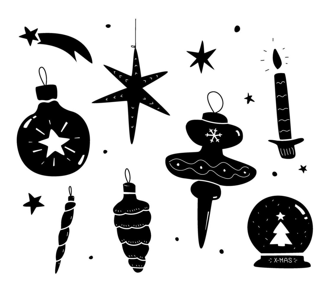 Christmas decoration and xmas ornaments in cute flat style. Black and white illustration. vector