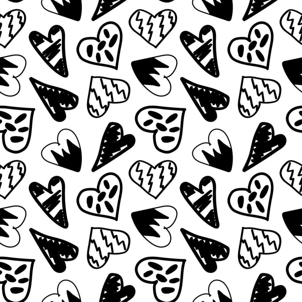 sin costura modelo con pintada corazones. vector ilustración. negro y blanco antecedentes con corazones en mano dibujado garabatear estilo.