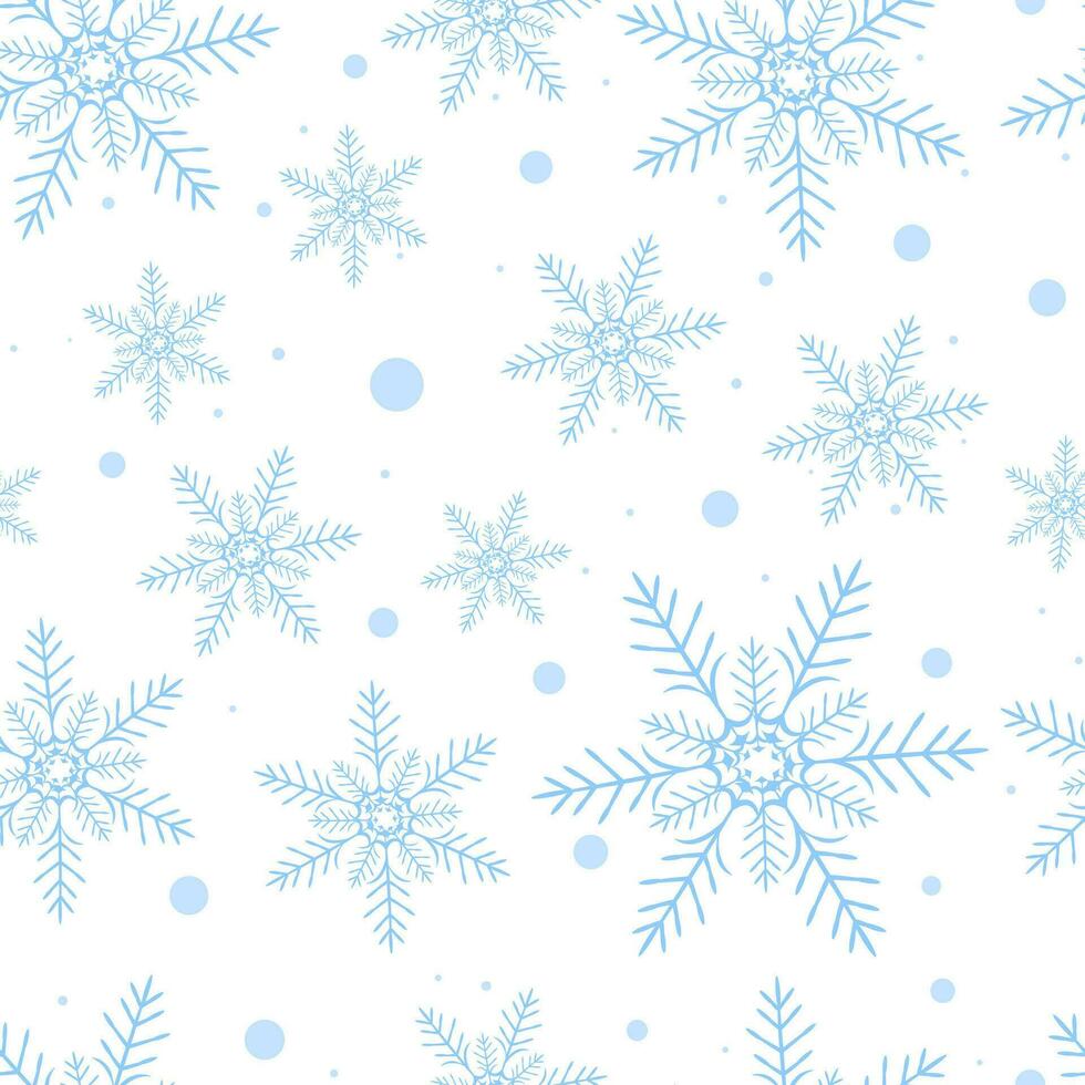 Seamless pattern with blue snowflakes on white background. Flat line snowing icons, cute snow flakes repeat wallpaper. Nice element for christmas banner, wrapping. New year traditional ornament vector