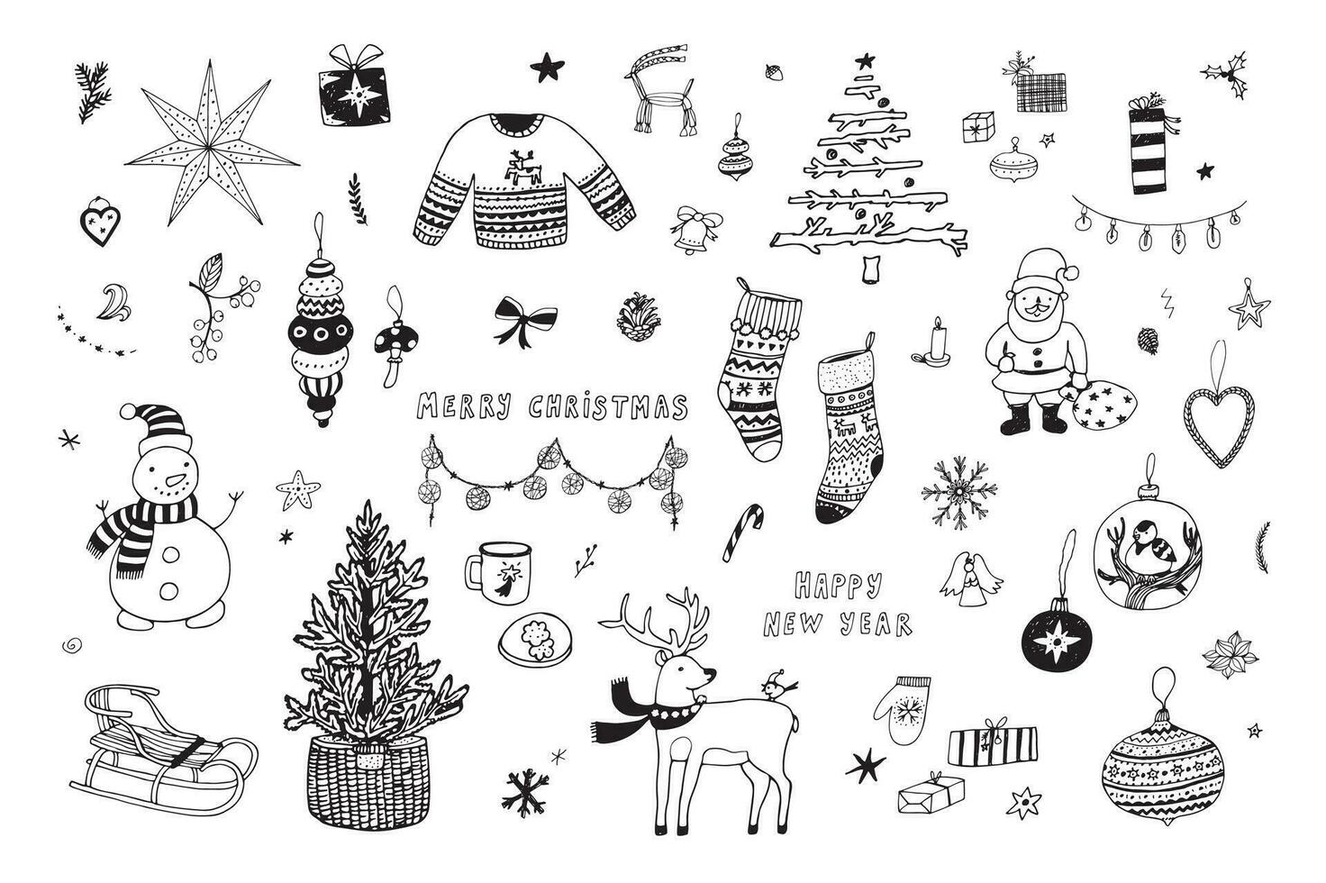 New Year winter line vector illustrations set.