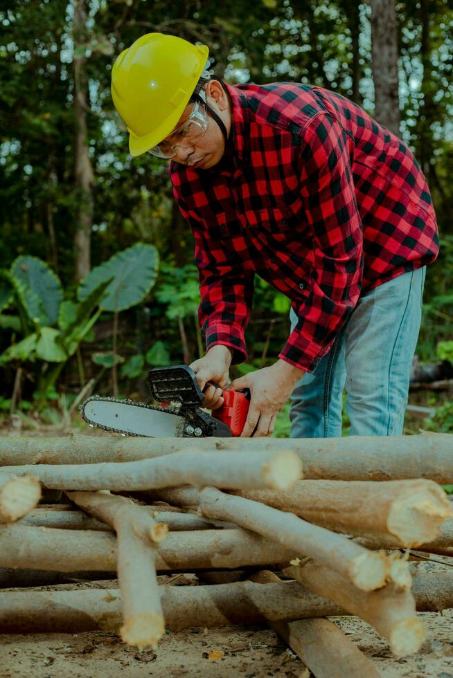 un granjero es utilizando un cadena Sierra a cortar leña. foto