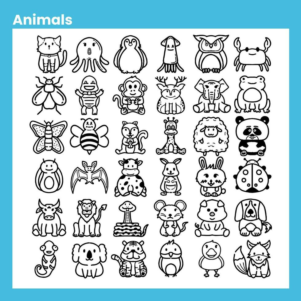 icon collection of various animals in outline style, hand drawn icons vector