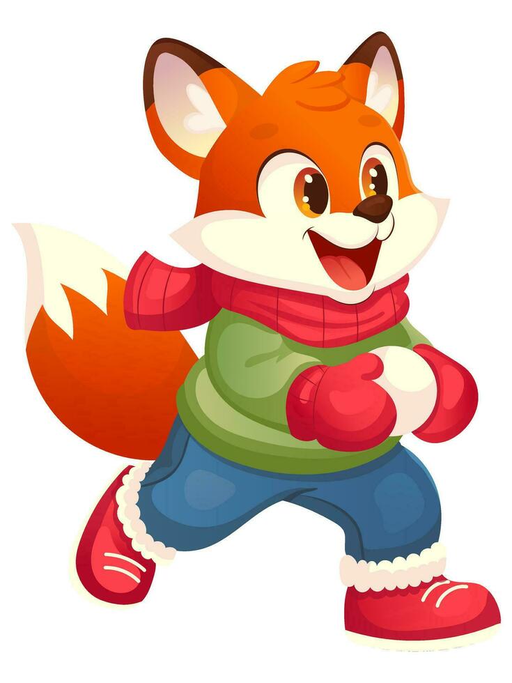 Fox character design playing snowballs. Winter games, sports, recreation. Animal fox, cartoon style vector