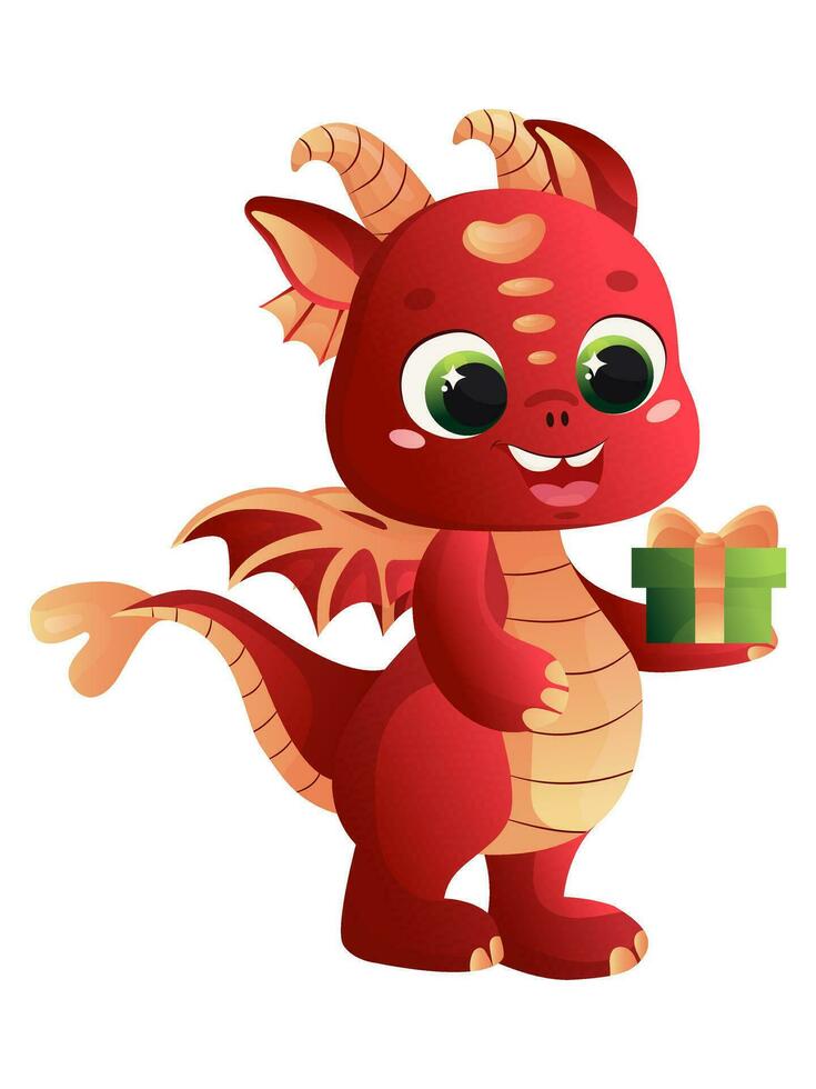 Cute dragon character holding a gift in his hand. Symbol of the New Year, event. Dragon in cartoon style, sticker vector