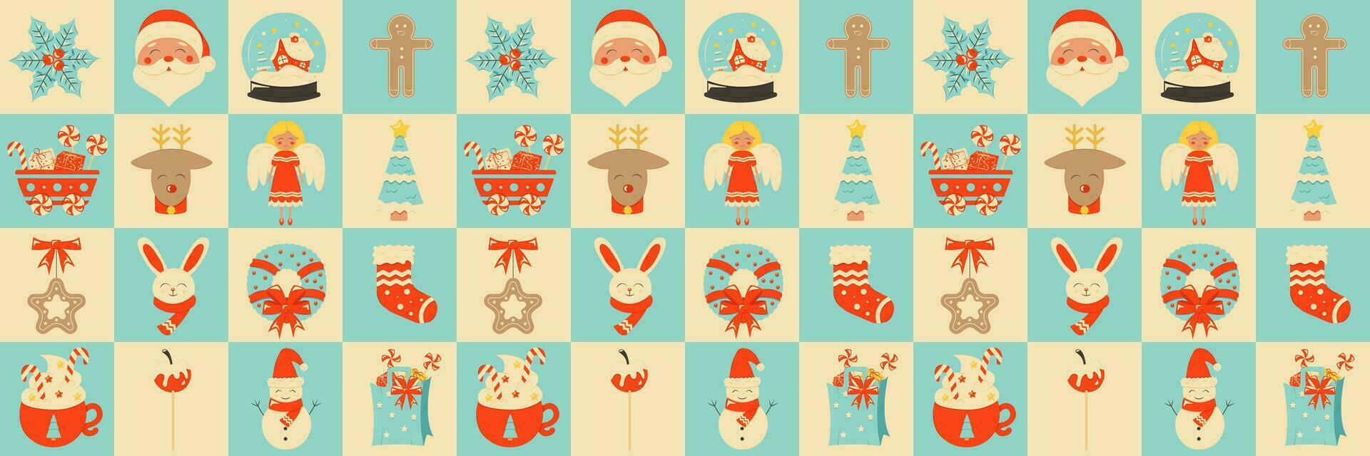 Seamless pattern with Christmas elements. Repeatable pattern tile design for winter holidays in retro style. For wrapping paper, wallpaper, textile, poster background. Vector illustration.