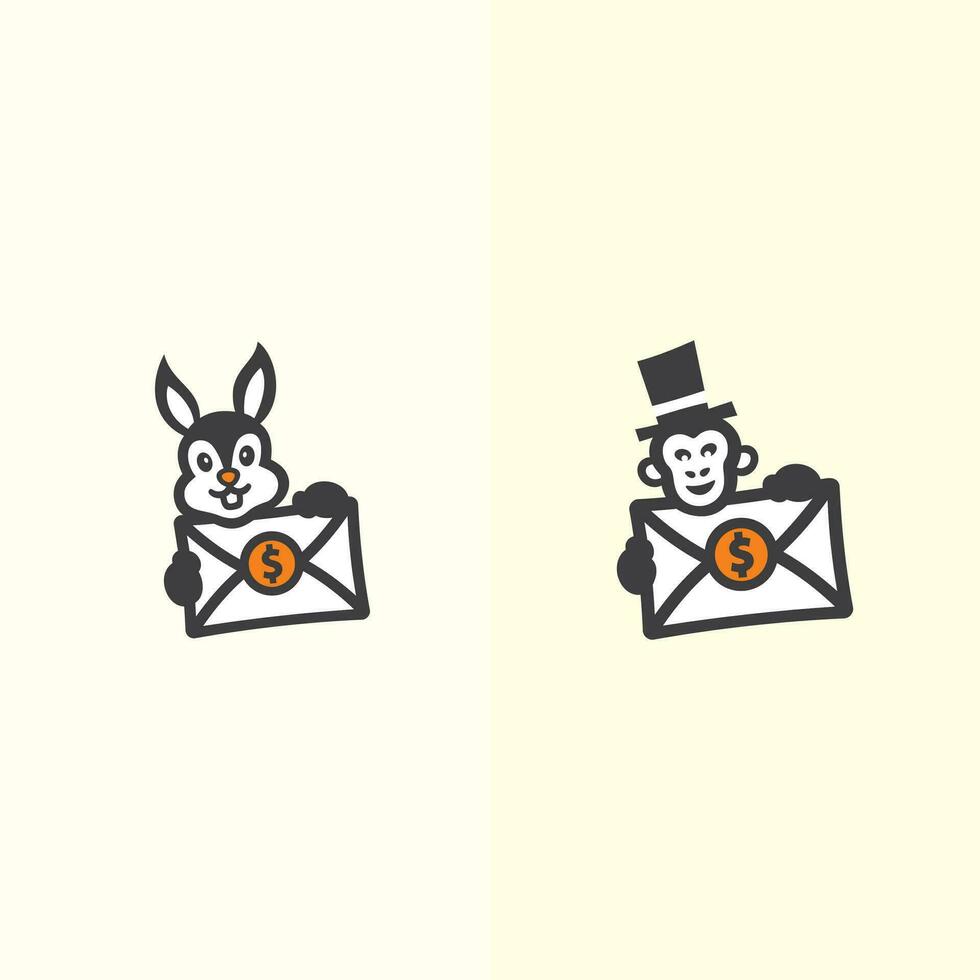 Conejo y mono con correo logo mascota ilustración vector diseño