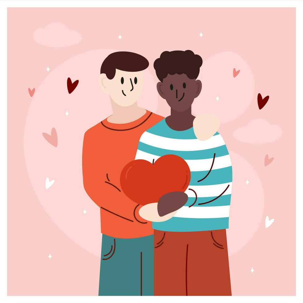 Valentines day with gay couple. LGBTQ love vector