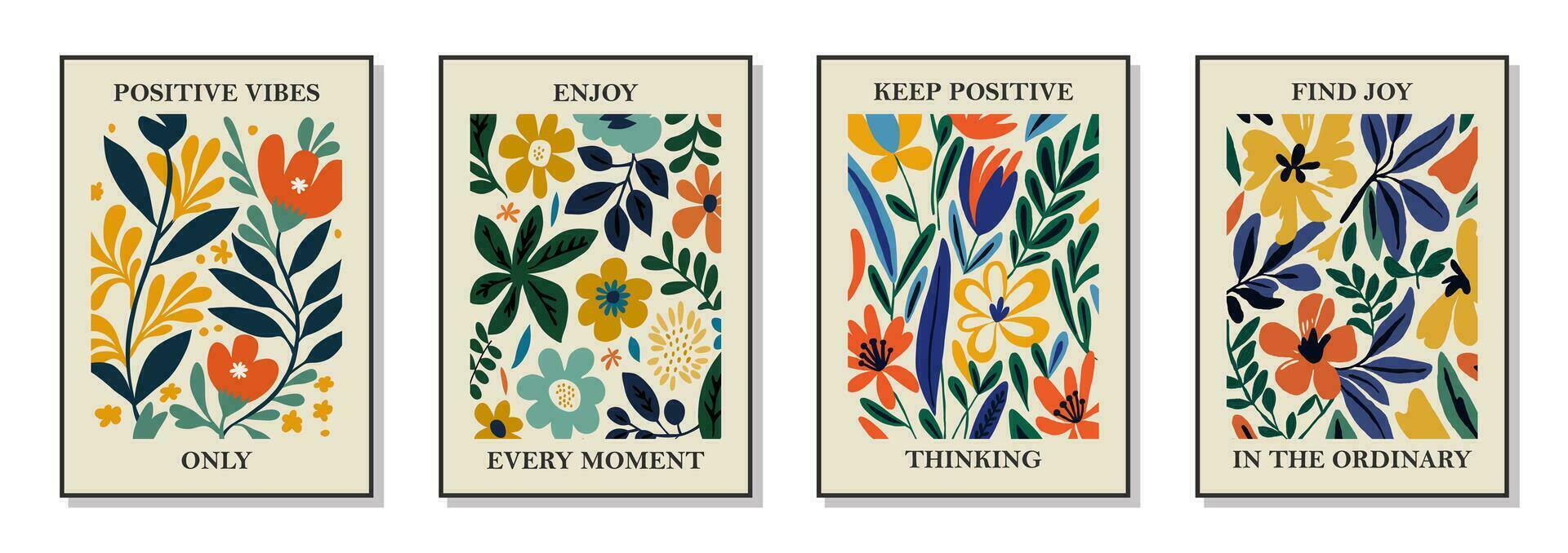 Set of 4 botanical wall art posters, brochure, flyer templates, contemporary collage. Organic shapes, line floral pattern with positive motivational, inspirational quotes. vector