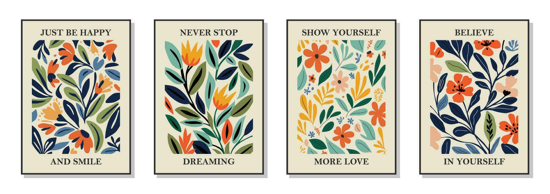 Set of 4 botanical wall art posters, brochure, flyer templates, contemporary collage. Organic shapes, line floral pattern with positive motivational, inspirational quotes. vector