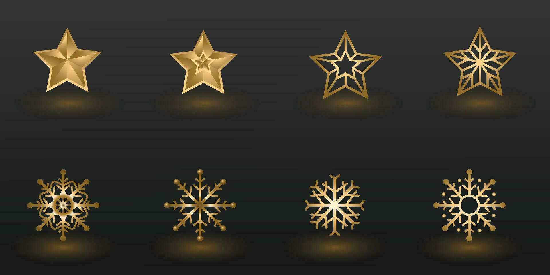 Navidad decoraciones conjuntos dorado estrellas y nieve copos vector