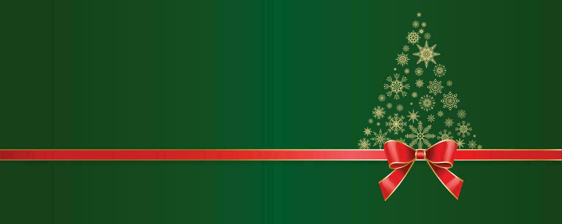 christmas green background with red ribbon and snow flakes vector