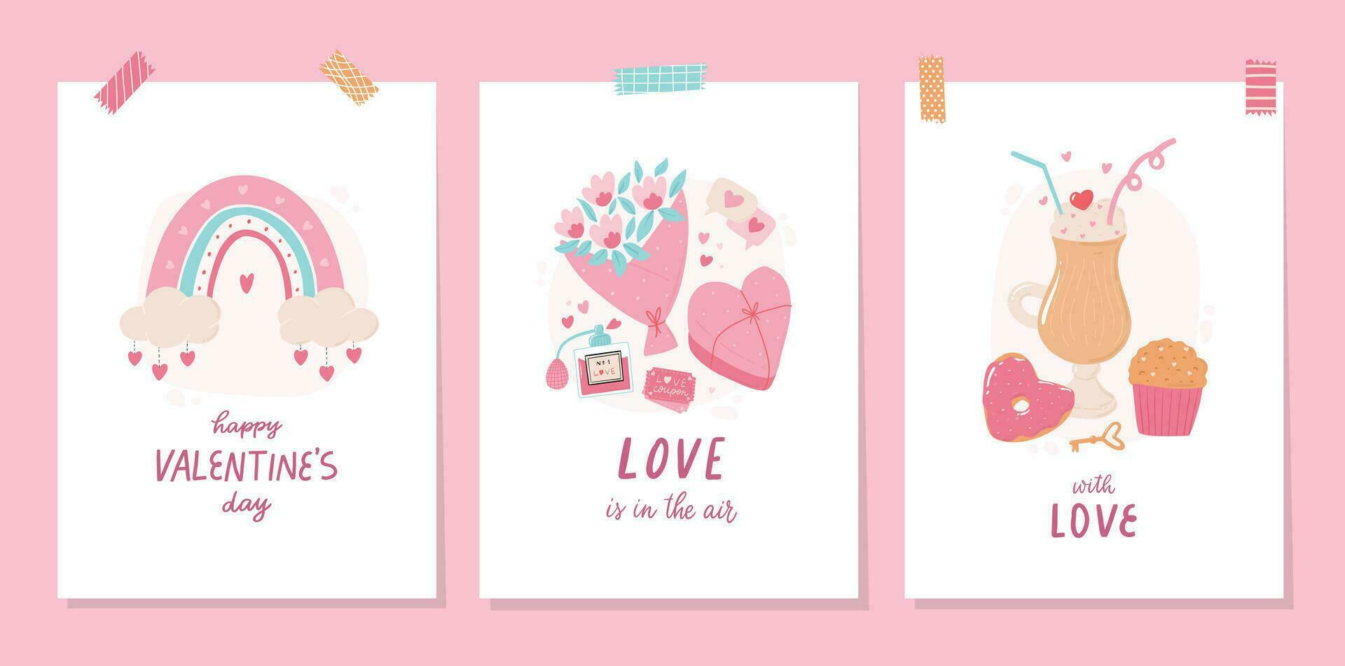 Valentine's day cards, posters, prints, invitations, banners collection with lettering quotes and doodles. EPS 10 vector