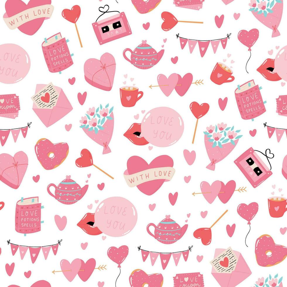 Valentine's day seamless pattern with pink cartoon elements, doodles for textile prints, gift wrapping paper, wallpaper, backgrounds, stationary, etc. EPS 10 vector