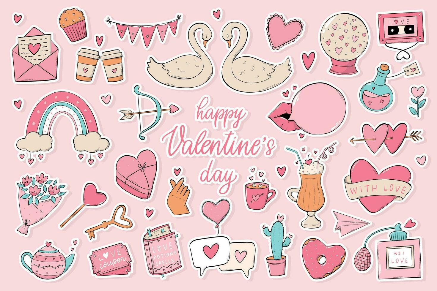 Valentine's day set of stickers, doodles, cartoon elements isolated on pink background for prints, cards, posters, planners, signs, etc. EPS 10 vector