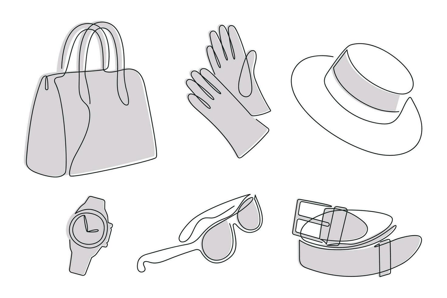 Women's accessories drawn in one continuous line in color. One line drawing, minimalism. Vector illustration.