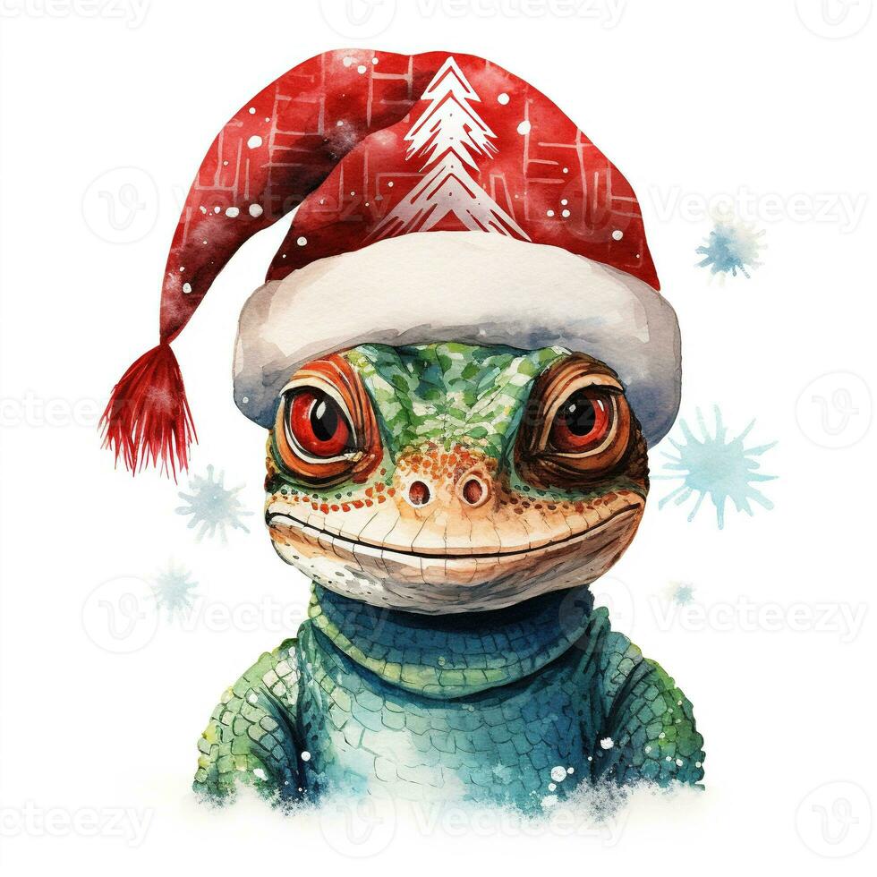 AI generated Generative AI, cute lizard animal, pet in Christmas hat and ugly sweaters, watercolor style. photo