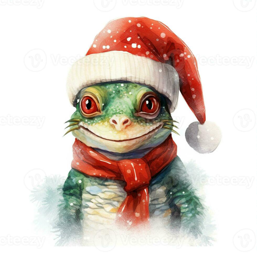 AI generated Generative AI, cute lizard animal, pet in Christmas hat and ugly sweaters, watercolor style. photo