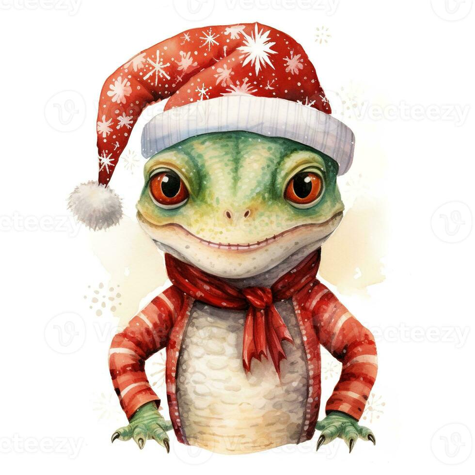 AI generated Generative AI, cute lizard animal, pet in Christmas hat and ugly sweaters, watercolor style. photo