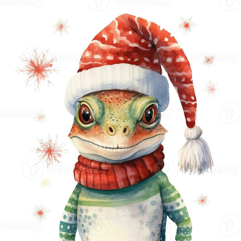 AI generated Generative AI, cute lizard animal, pet in Christmas hat and ugly sweaters, watercolor style. photo