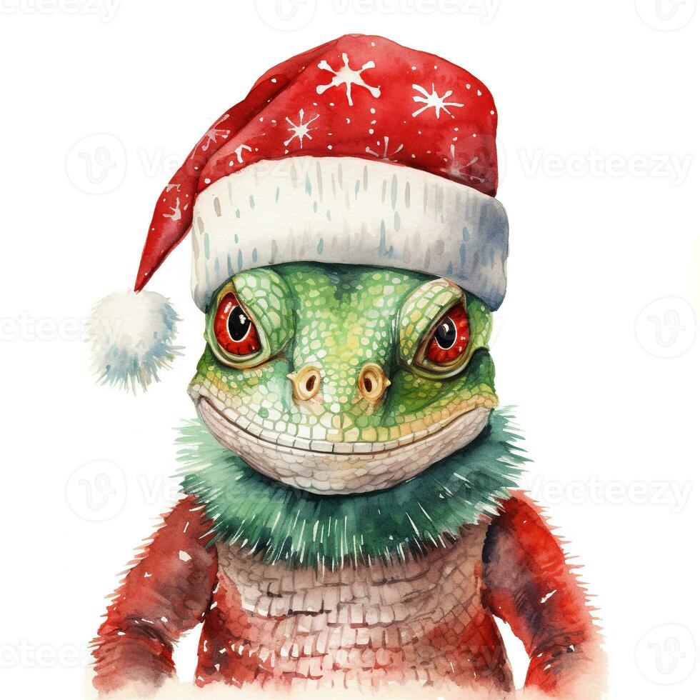 AI generated Generative AI, cute lizard animal, pet in Christmas hat and ugly sweaters, watercolor style. photo