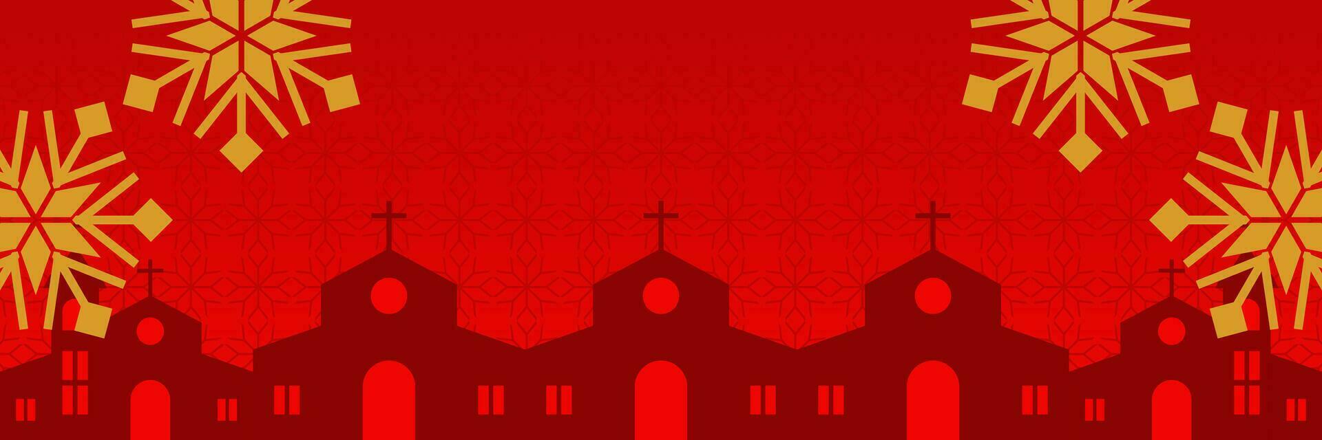 Red Christmas background, with snow ornaments and church silhouette. vector template for banner, poster, social media, Christian holiday greeting card.