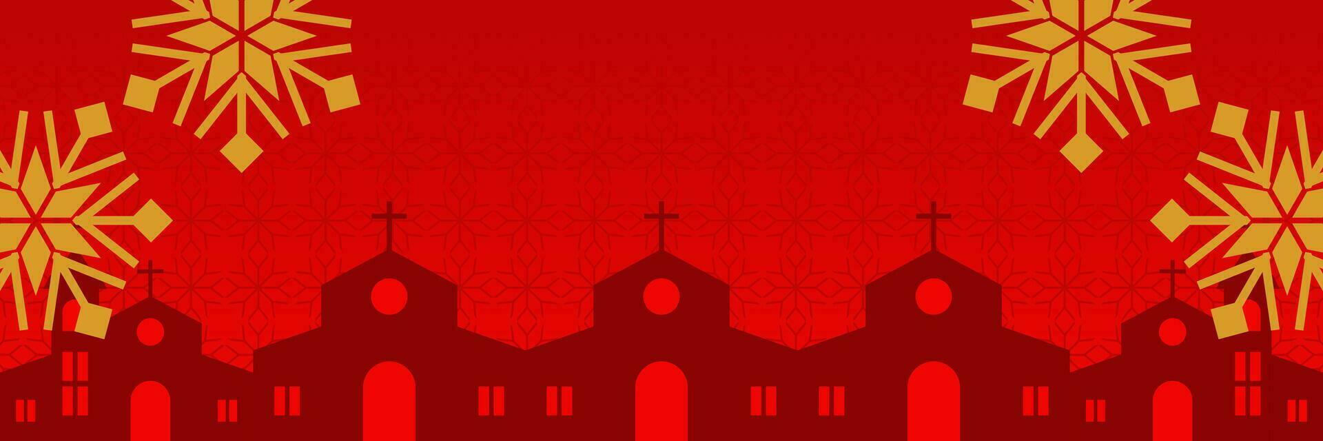 rojo Navidad fondo, con nieve adornos y Iglesia silueta. vector modelo para bandera, póster, social medios de comunicación, cristiano fiesta saludo tarjeta.