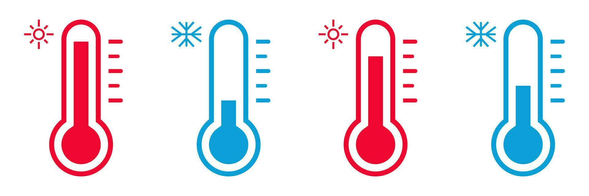 thermometer icon set in red and blue colors. symbols for measuring hot and cold body temperature. vector isolated on white background, modern and simple flat design.