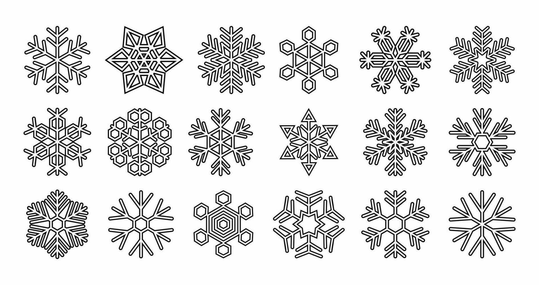 Cute snowflakes collection isolated on white background. Flat outline snow icons. New year ornament. vector