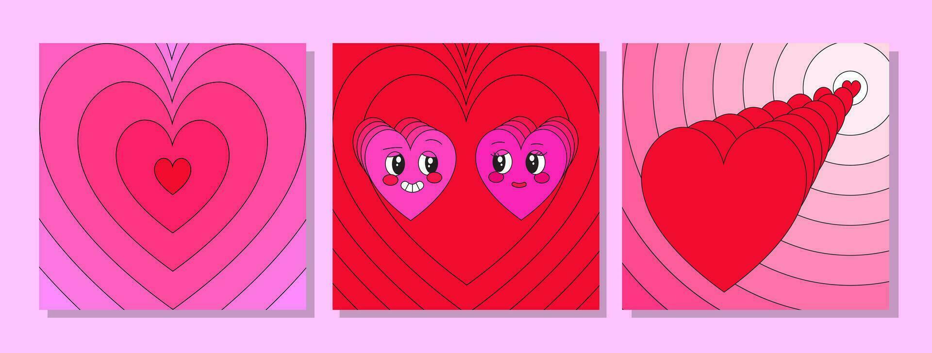 Set of 90s style retro Happy Valentine's day banners for social media, greeting cards. 2000s vibe. Vintage groovy beating hearts, patterns vector