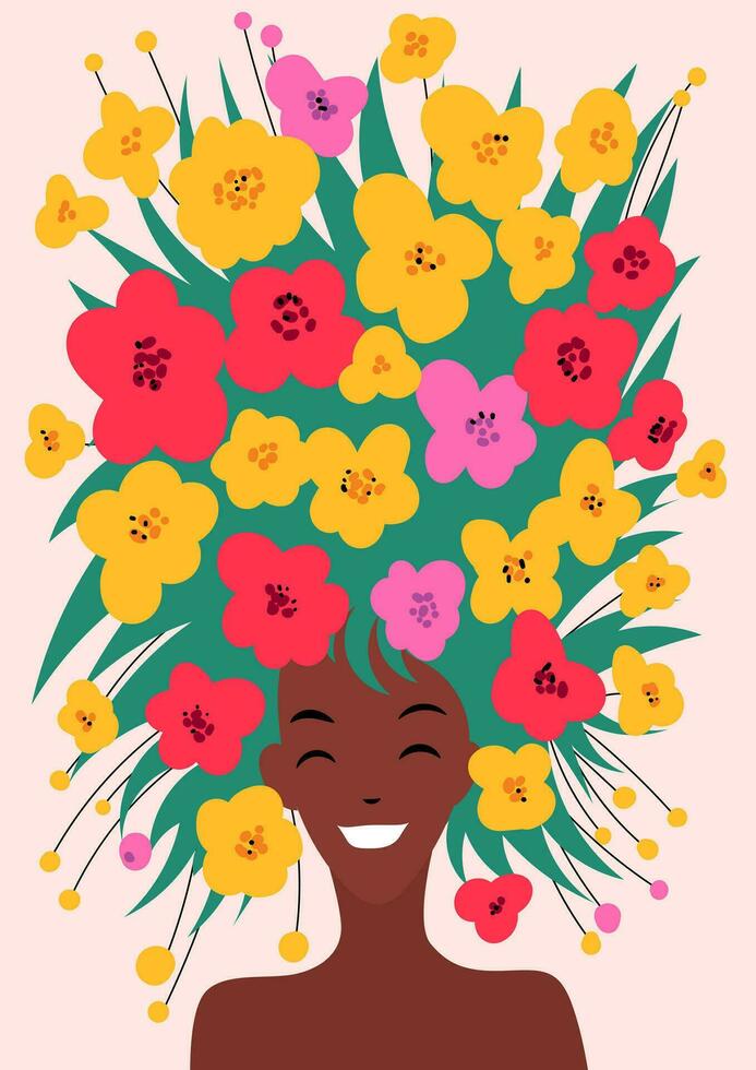 primavera niña con floral tocado y oscuro piel. contento mujer con peinado con flor. tarjeta para internacional De las mujeres día. diseño para bandera, póster, invitación vector