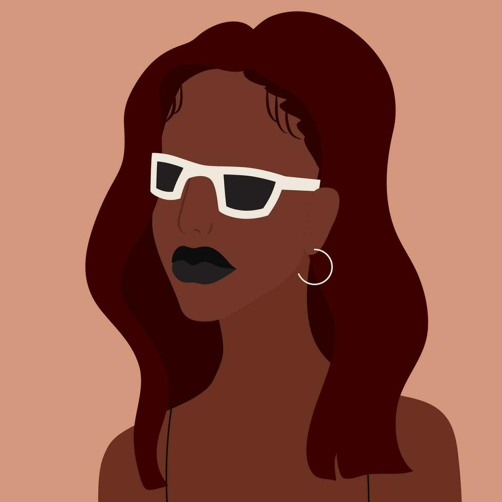 hermosa africano americano elegante mujer en cuadrado marco Gafas de sol. retrato de de moda hembra cara con negro lápiz labial. minimalista vector ilustración