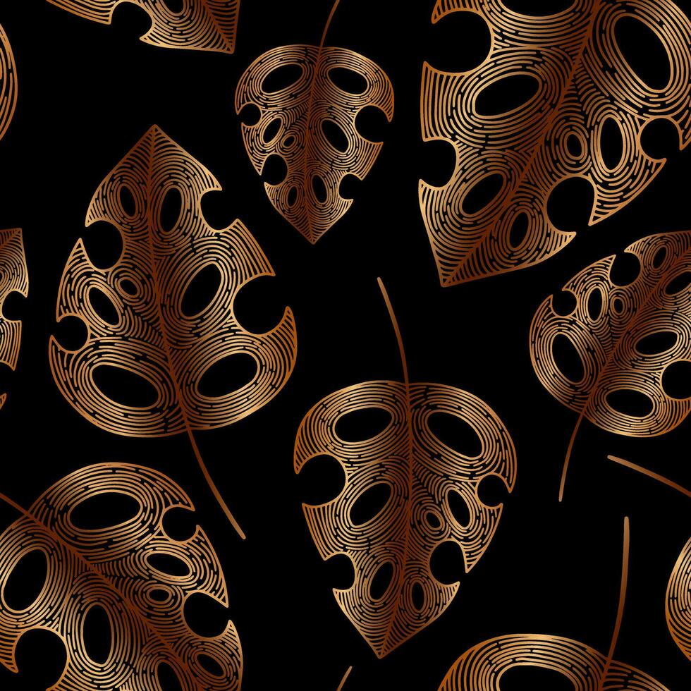 Luxury seamless pattern with golden linear monstera leaves. Textured bronze tropical plant on black background. Line art vector