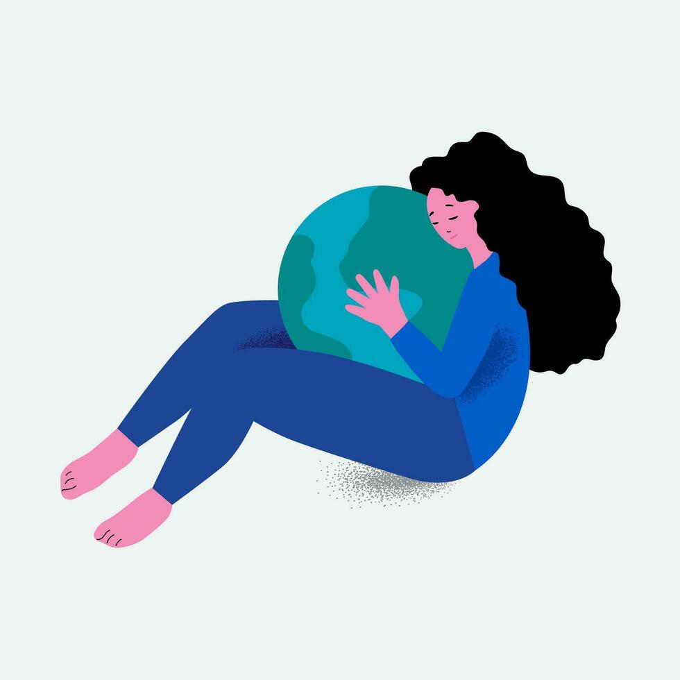 Woman holding planet Earth on her knees. Ecology concept. Earth Day. World Environment Day. Human hugs the Earth. Protection, ecology conservation, save planet. Girl taking care of world globe vector