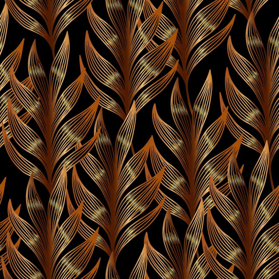 Luxury seamless pattern with golden linear fern leaves. Textured bronze tropical plant on black background. Line art vector