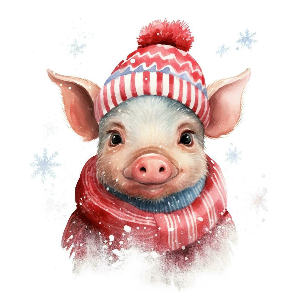ai generado generativo ai, linda cerdo animal, mascota en Navidad sombrero y feo suéteres, acuarela estilo. foto