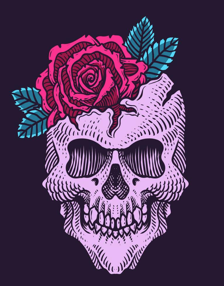 Illustration vintage skull with rose flower vector