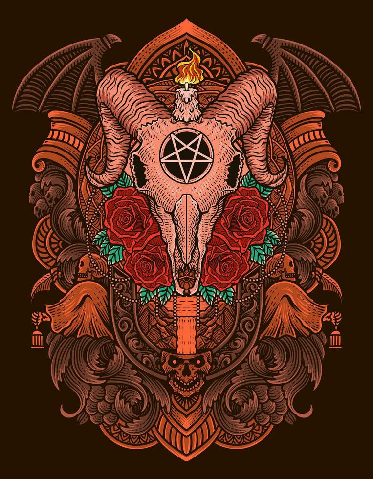 Illustration vintage goat skull rose with engraving ornament vector