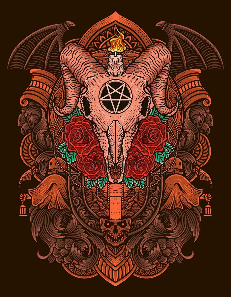 ilustración Clásico cabra cráneo Rosa con grabado ornamento vector