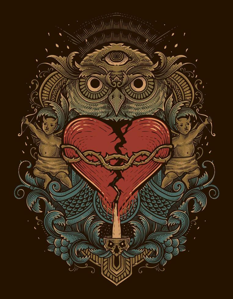 Illustration hand drawn. Broken heart with engraving ornament frame vector