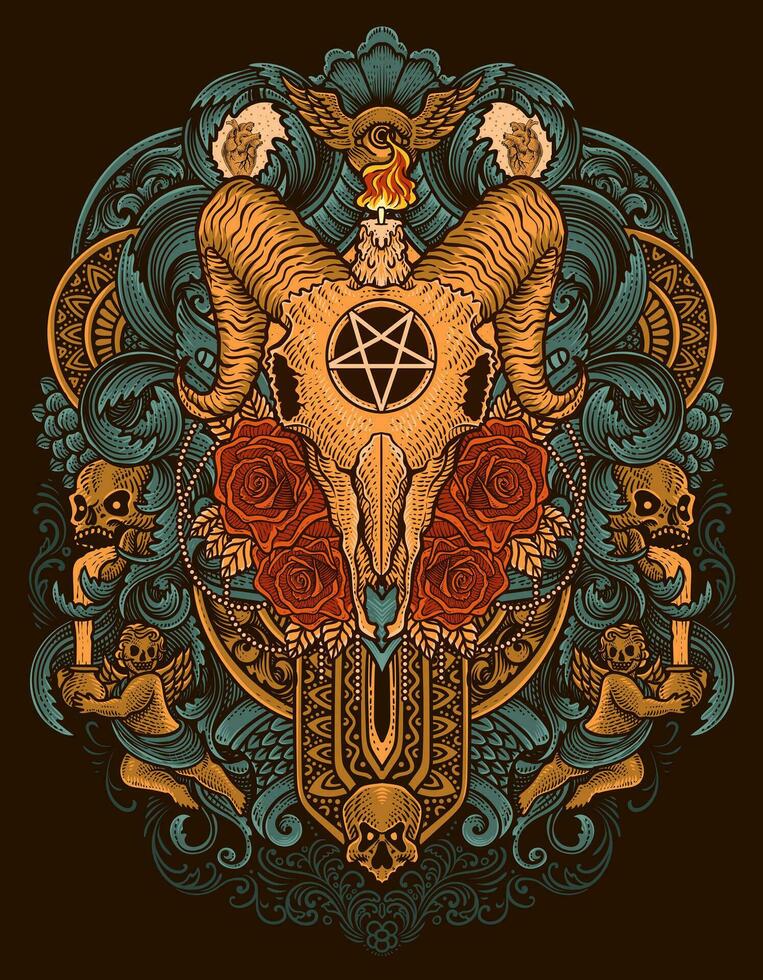 Illustration vintage goat skull rose with engraving ornament vector