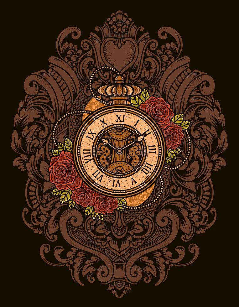 Illustration Vector antique clock with vintage engraving ornament frame