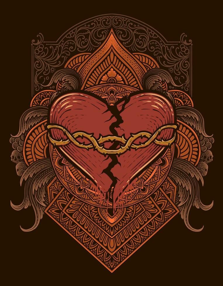 Illustration hand drawn. Broken heart with engraving ornament frame vector