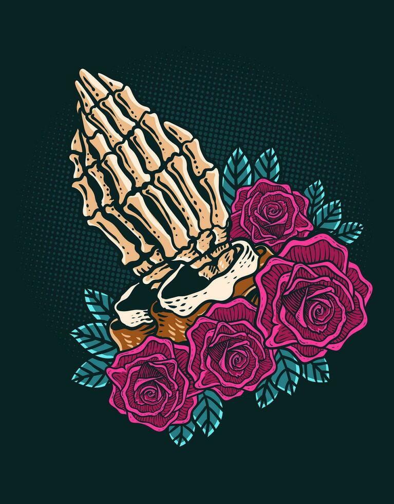 ilustración orar cráneo mano con Rosa flor vector