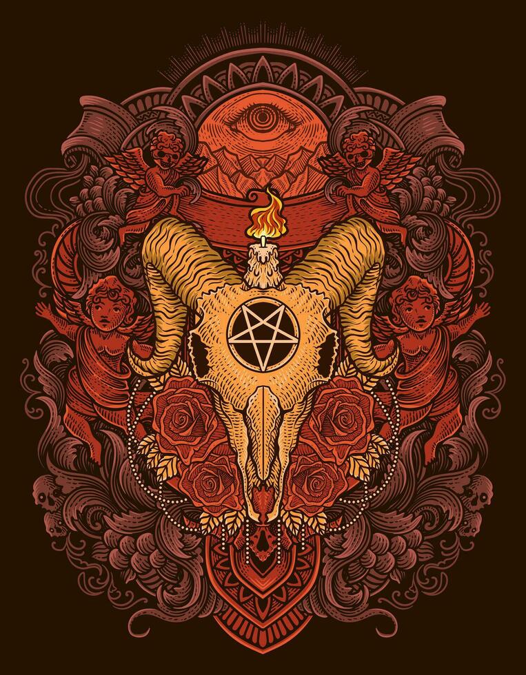 Illustration vintage goat skull rose with engraving ornament vector