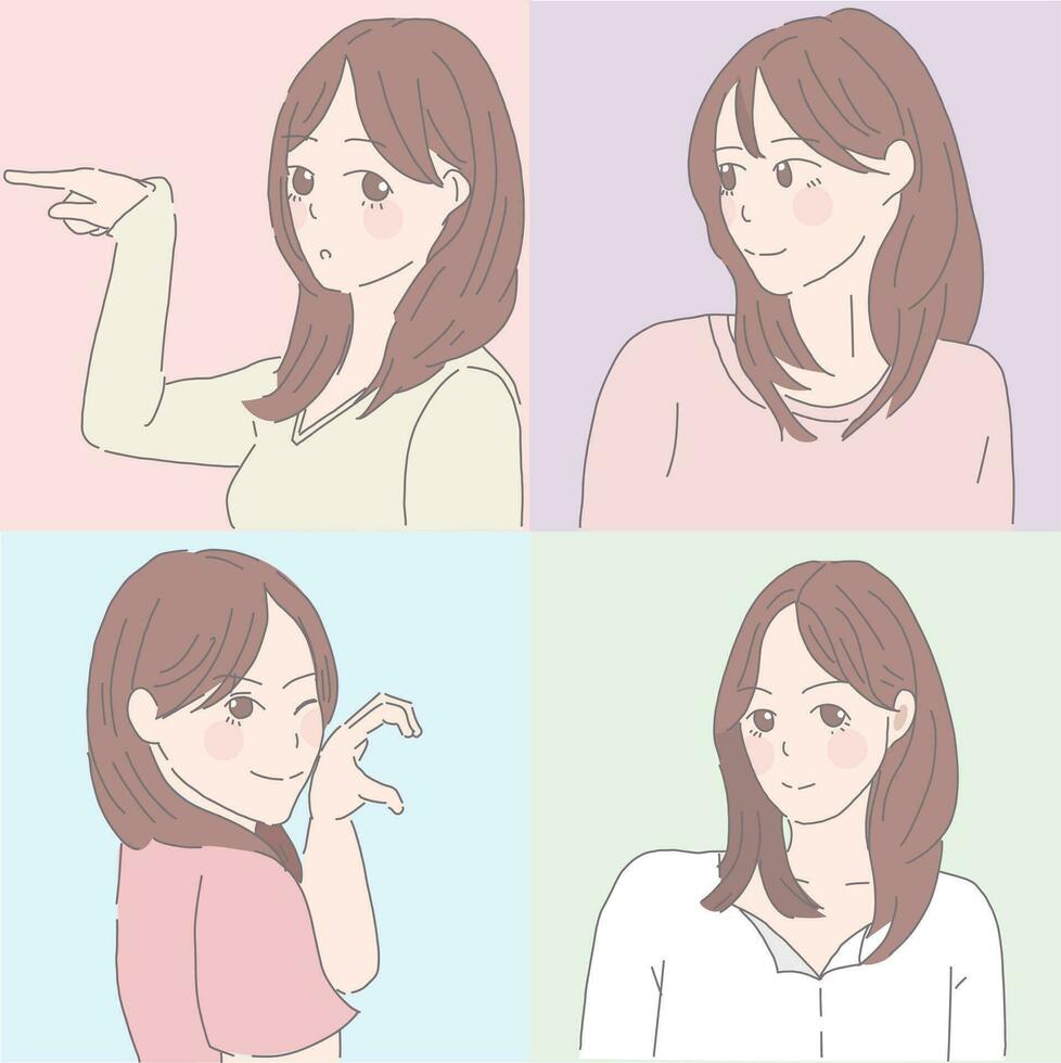 four pictures that show a woman's expressions, in the style of salon kei, pastel color scheme, the pictures generation, simple, 8k, spontaneous gesture, princesscore vector