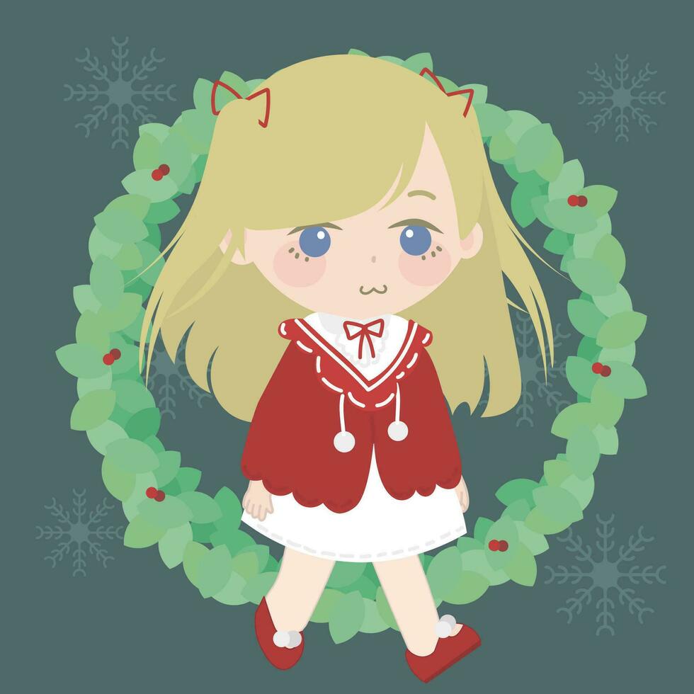 un imagen de un niña vistiendo un acebo guirnalda con un Navidad árbol, en el estilo de animecore, departamento, limitado sombreado, kawaii, oscuro rojo y ligero beige, asociado prensa foto, grupo material, cuadratura vector