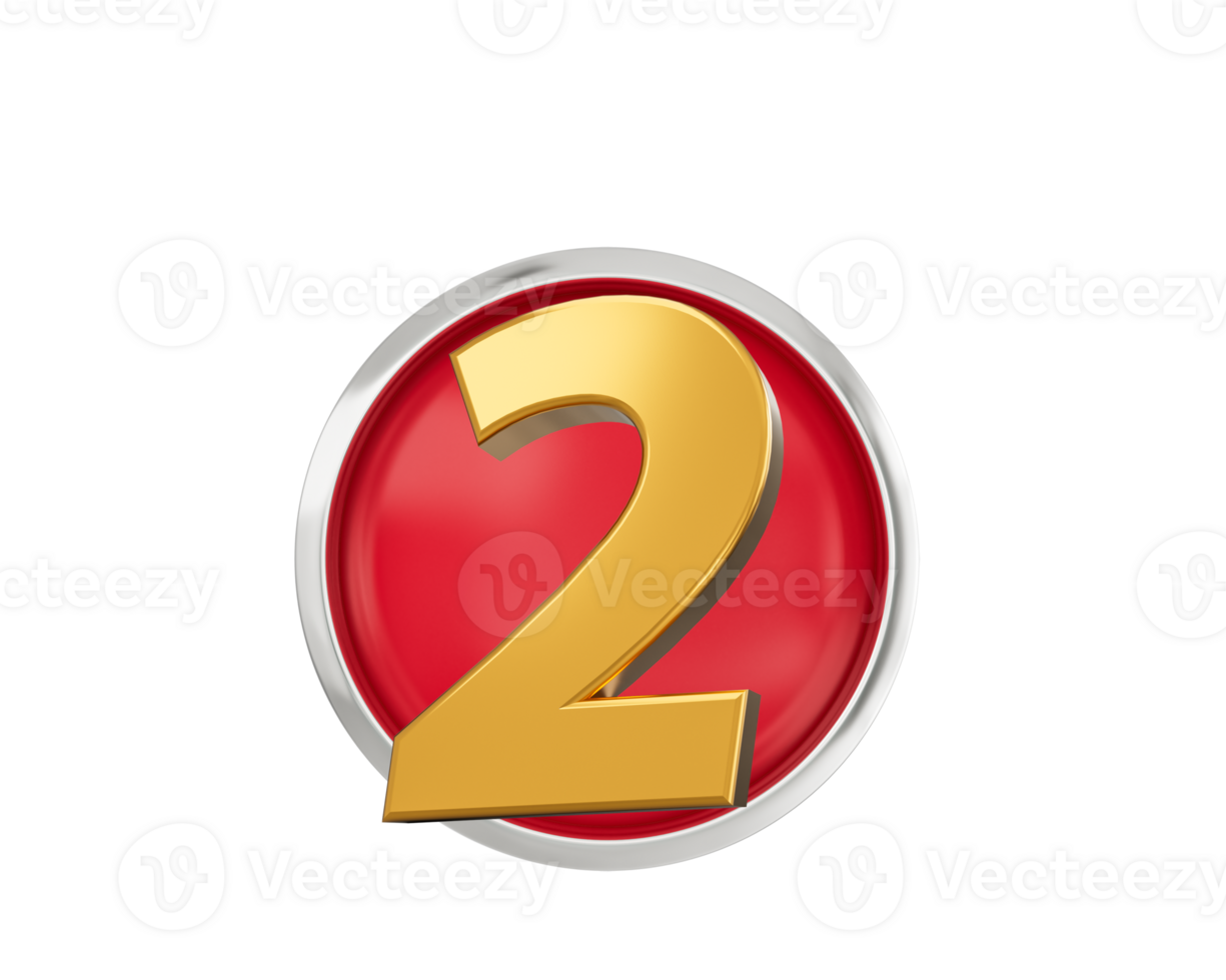 Gold Number 2 Gold Number Two On Rounded Red Icon, 3d illustration png